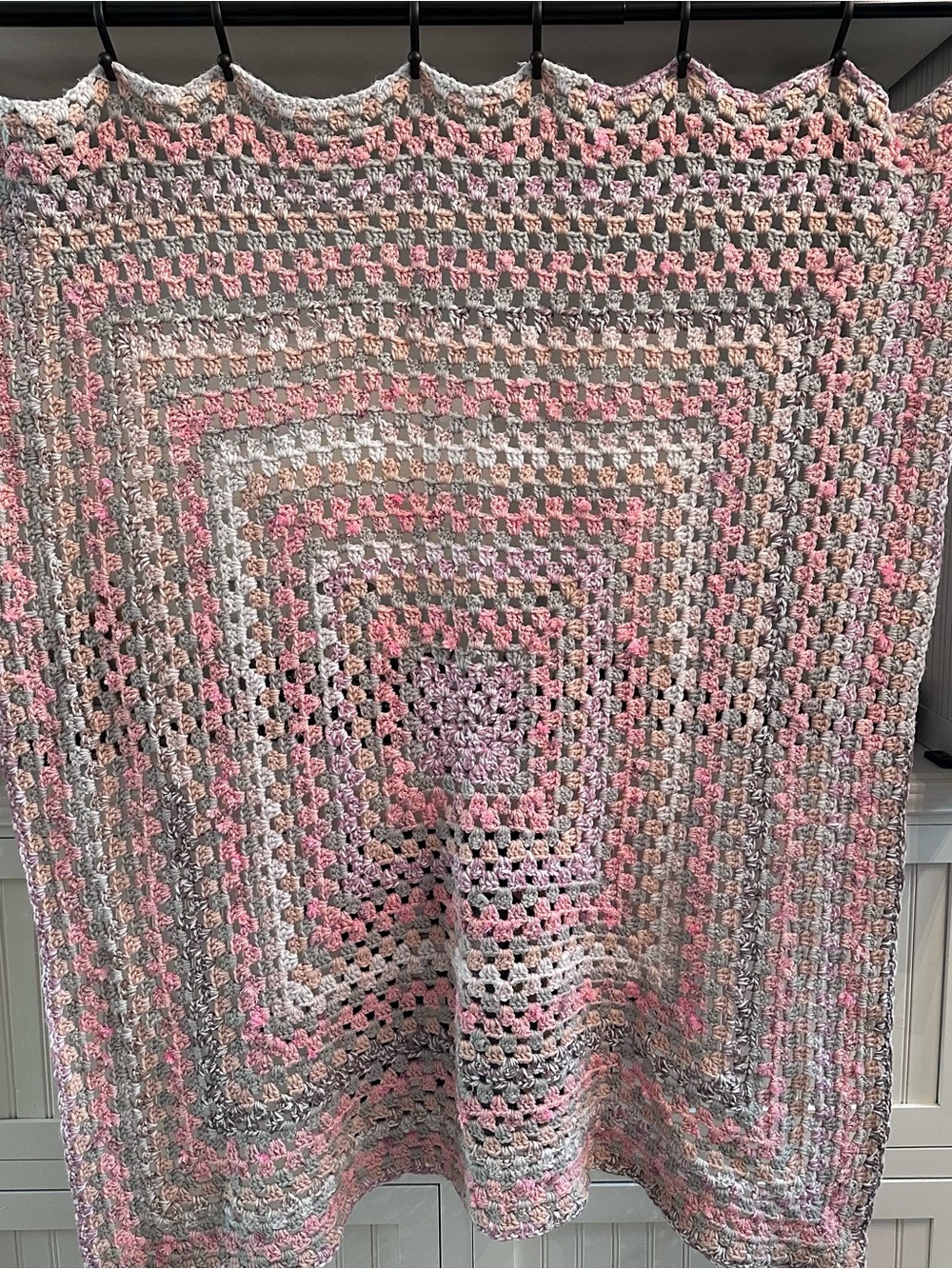 Handmade Crochet Granny Square Blanket in Pink, Gray & Cream approx 40x40 in